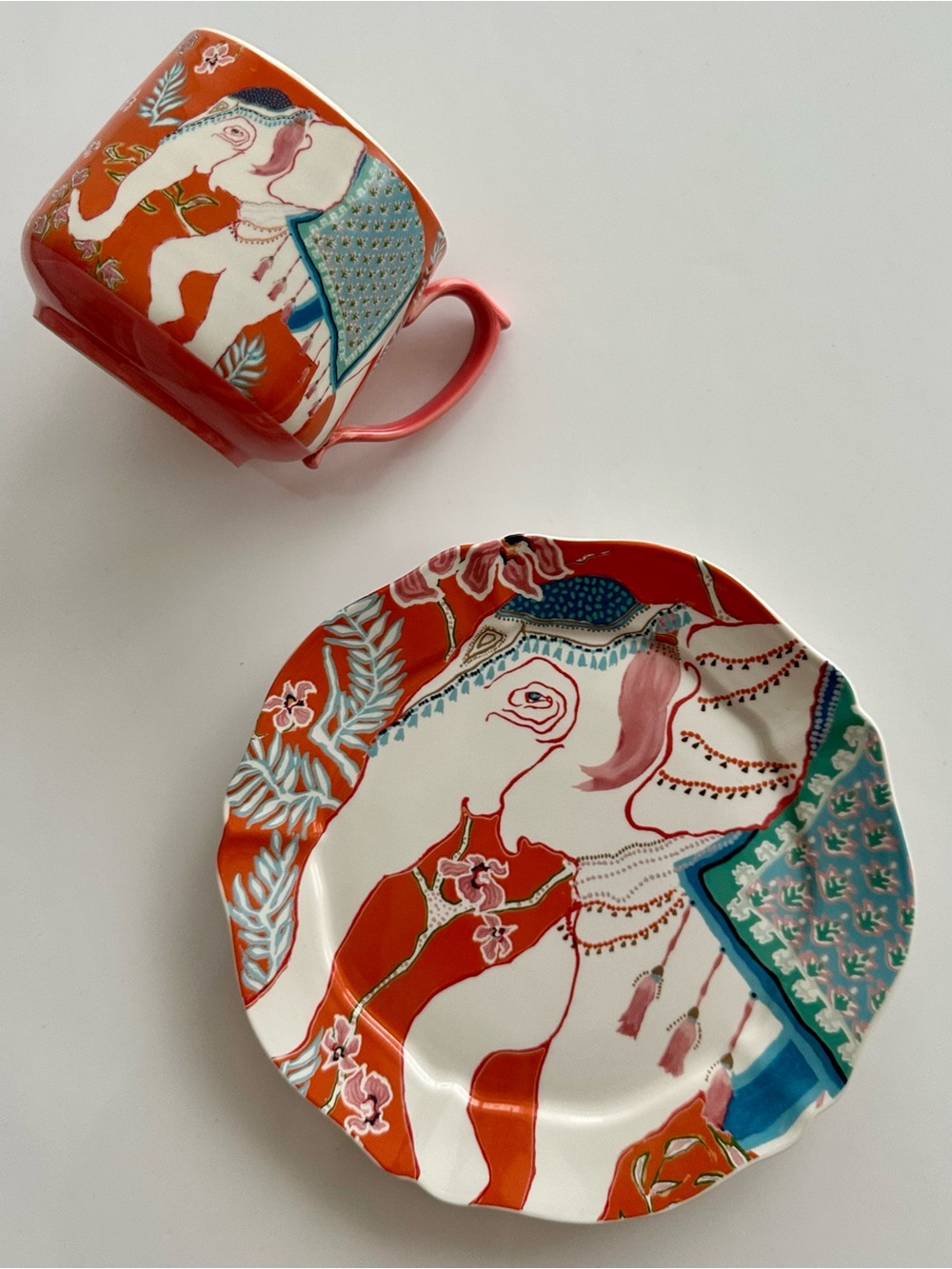 Anthropologie Eastern Animal Stoneware Mug and Plate Set - Elephant Botanical